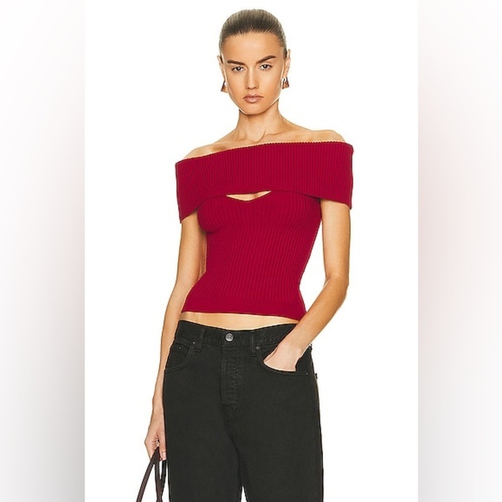 GRLFRND Crystal Ribbed Knit Off Shoulder Cutout Top Red Sweater Medium Revolve